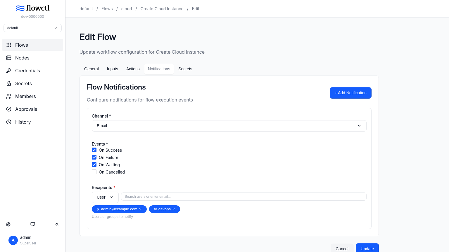 Notification setup from UI
